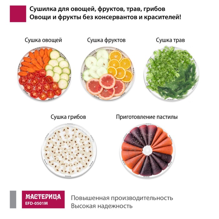 картинка Сушилка для овощей и фруктов «Мастерица EFD-0501M», 125 Вт, 5 ярусов, 9624391 от магазина АСЯ