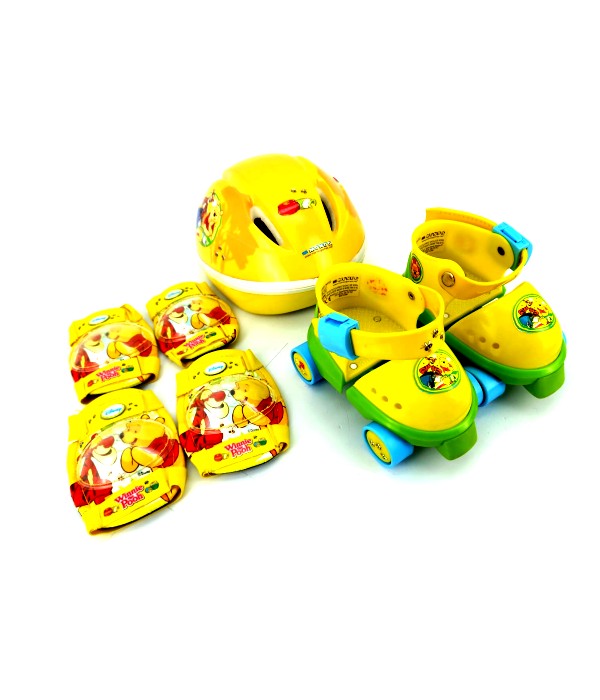 картинка Коньки-квадры раздвижные детские + защитный комплект (шлем, налокотники, наколенники) Mondo "Винни-пух", размер 22-29, цвет желтый/зеленый от магазина АСЯ