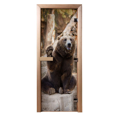 картинка Дверь для бани из стекла с фотопечатью «Бурый медведь» 1,9х0,7 м, 8 мм, коробка из хвойных пород, 3 петли, 32677 от магазина АСЯ