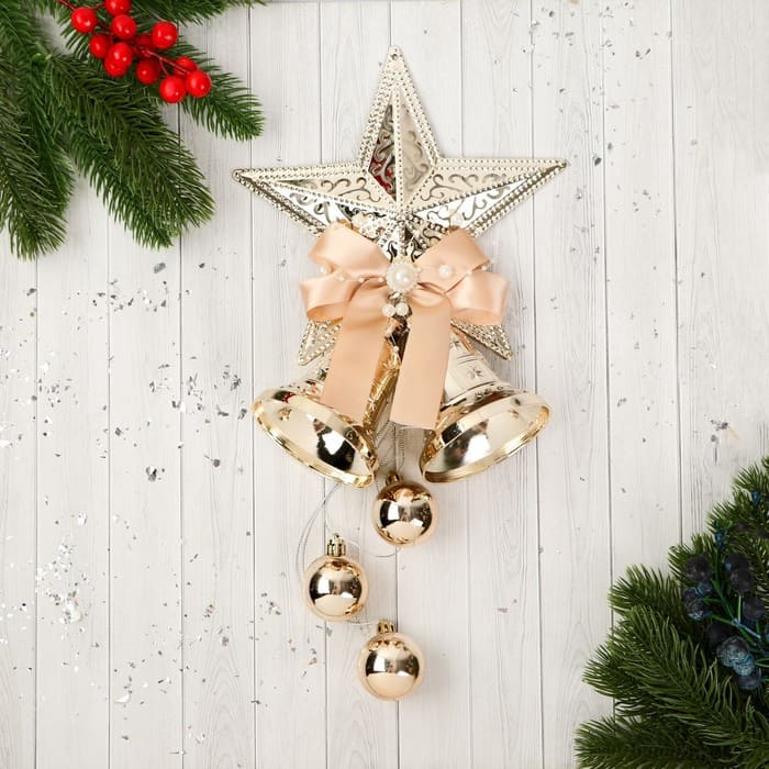 картинка Украшение новогоднее "Уютная сказка" колокольчики звезда бант, 14х39 см, золото, 9692786 от магазина АСЯ