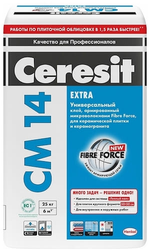 картинка Универсальный клей Ceresit CM 14 «Extra», 25 кг с армирующими микроволокнами для керамической плитки и керамогранита от магазина АСЯ