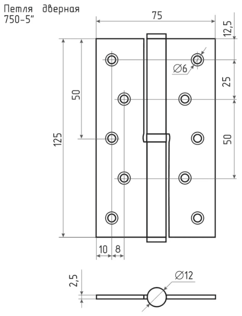 картинка Петля дверная 750-5 FHP-STD сталь графит левая 120х80х2,5 "Нора-М" от магазина АСЯ