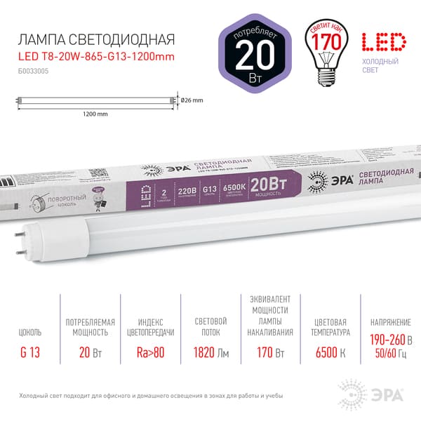 картинка Лампа светодиодная ЭРА STD LED T8-20W-865-G13-1200mm G13 поворотный 20Вт холодный дневной свет от магазина АСЯ