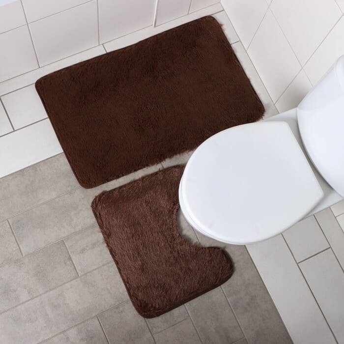 картинка Набор ковриков 2 шт  для ванной и туалета 38×49, 49×79 см Доляна «Пушистик», коричневый от магазина АСЯ