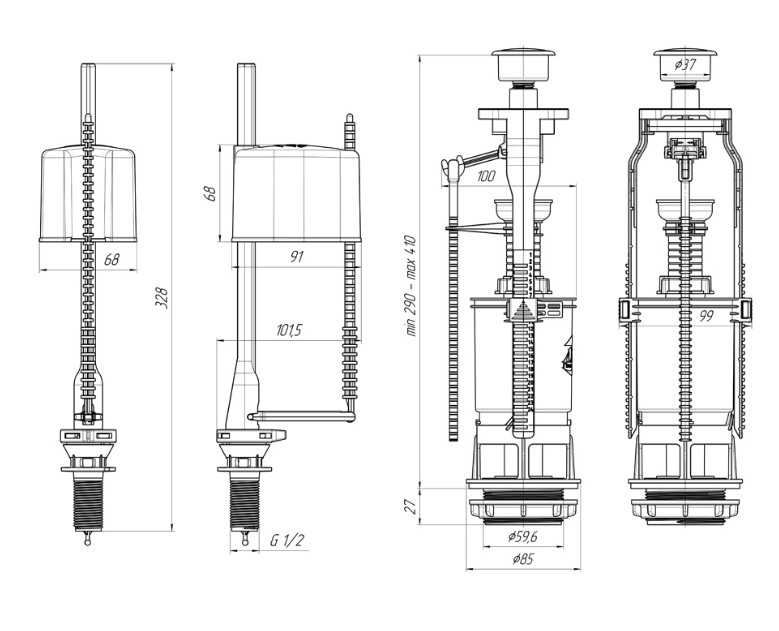 картинка WC6050  Набор с боковой подводкой 1/2", с пластиковым штуцером, кнопка белая Эконом от магазина АСЯ