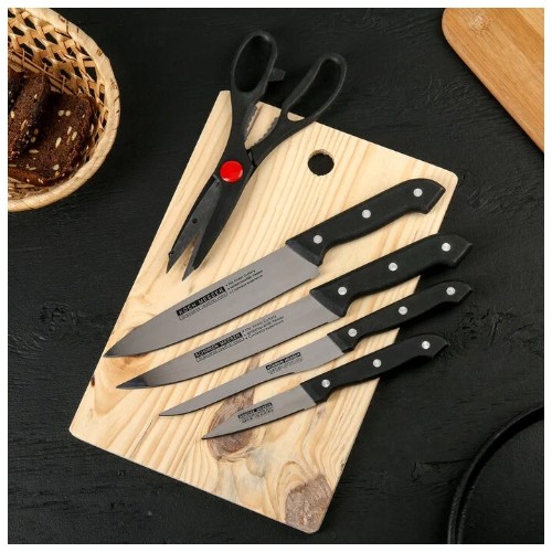картинка Набор кухонный, 6 предметов: 4 ножа + ножницы, доска 28×18 см,  1102534 от магазина АСЯ