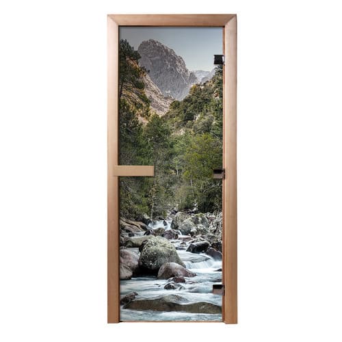 картинка Дверь для бани из стекла с фотопечатью «Водопад» 1,9х0,7 м, 8 мм, коробка из хвойных пород, 3 петли, 32688 от магазина АСЯ