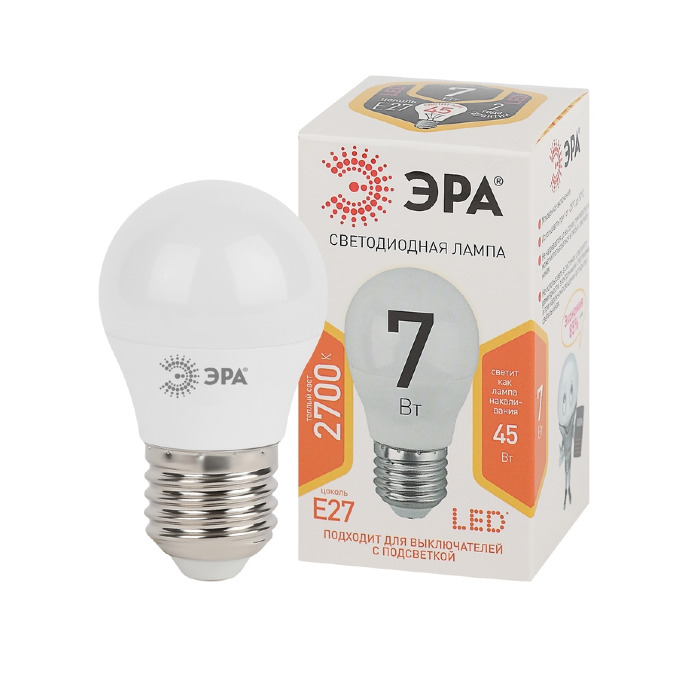 картинка Лампа светодиодная ЭРА STD LED P45-7W-827-E27 E27 7Вт шар 2700К от магазина АСЯ
