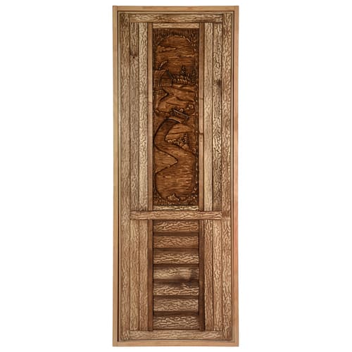 картинка Дверь с резной объёмной вставкой (панно 95 см), искусственно состарена, 1900х700 липа Класс А. от магазина АСЯ