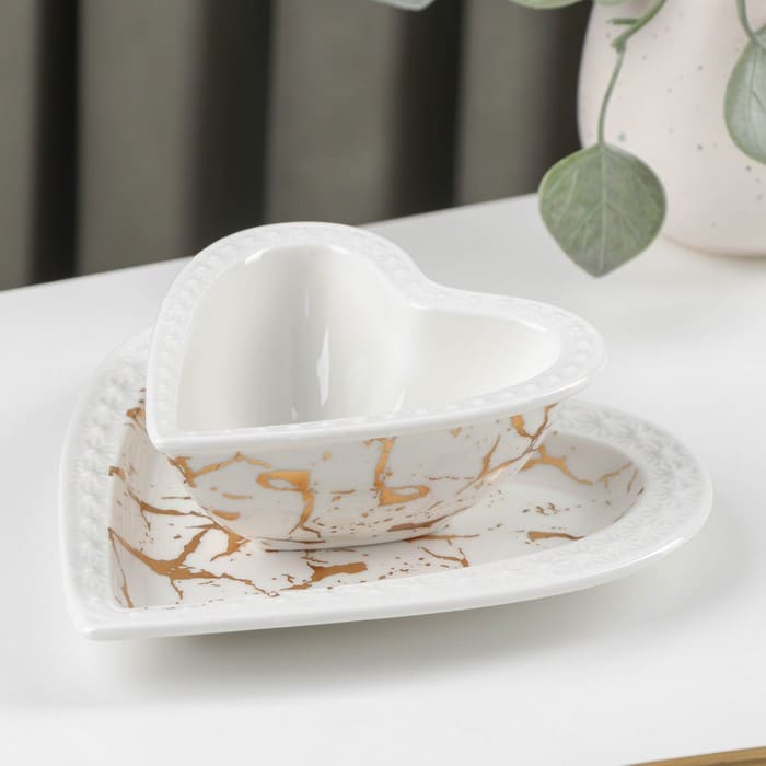 картинка Набор керамический столовый «Марбл», 2 предмета: салатник 150 мл, блюдо 16,5×17×2 см, цвет белый от магазина АСЯ