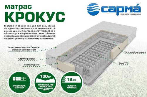 картинка Матрац 1600х2000 Крокус, независимый пружинный блок, хлопок от магазина АСЯ